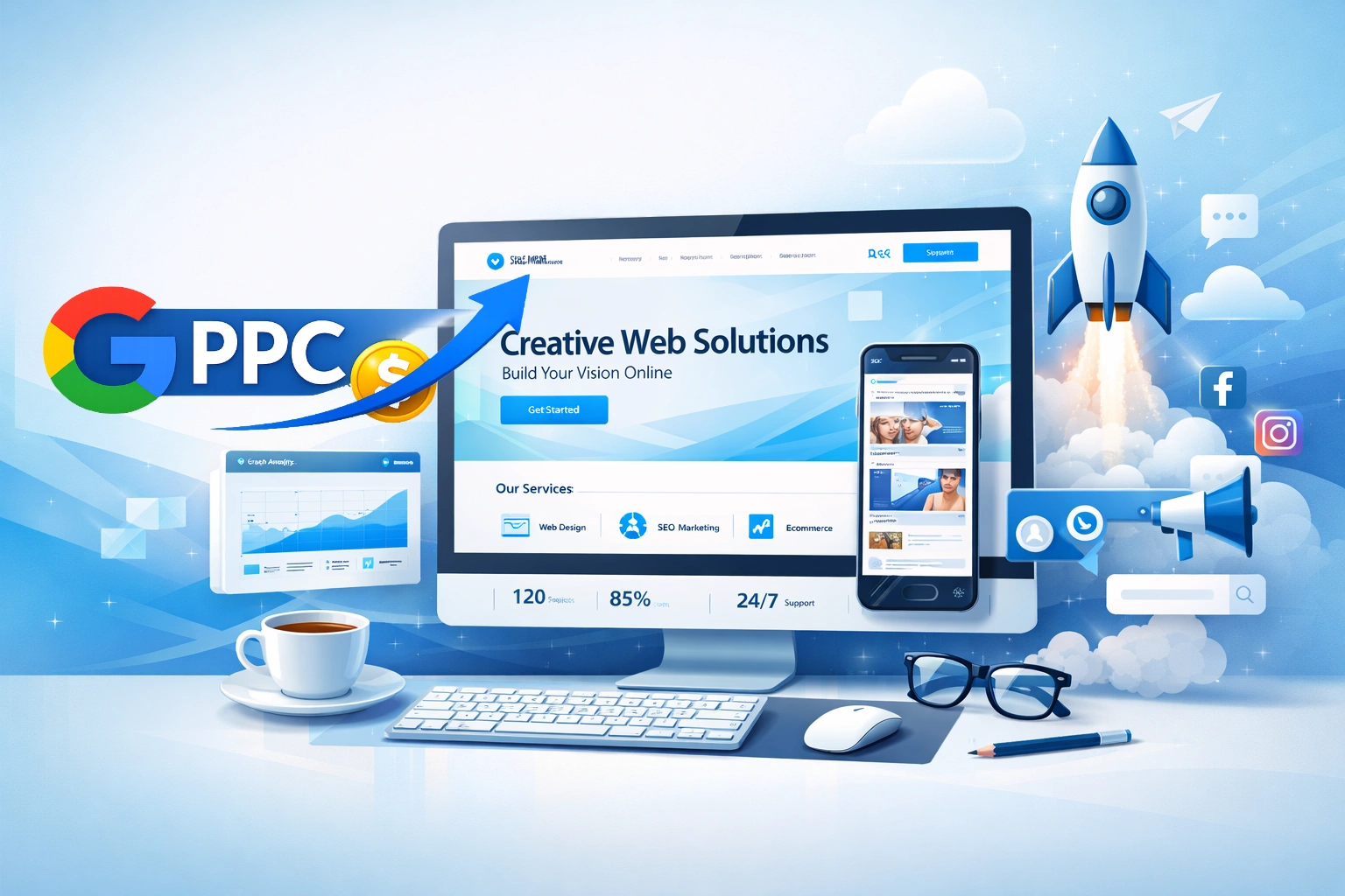 Visionary Web Image of a tidy workspace with an apple desktop, a mobile phone and icons for SEO, web design and digital marketing reflecting the Professional Plus package.