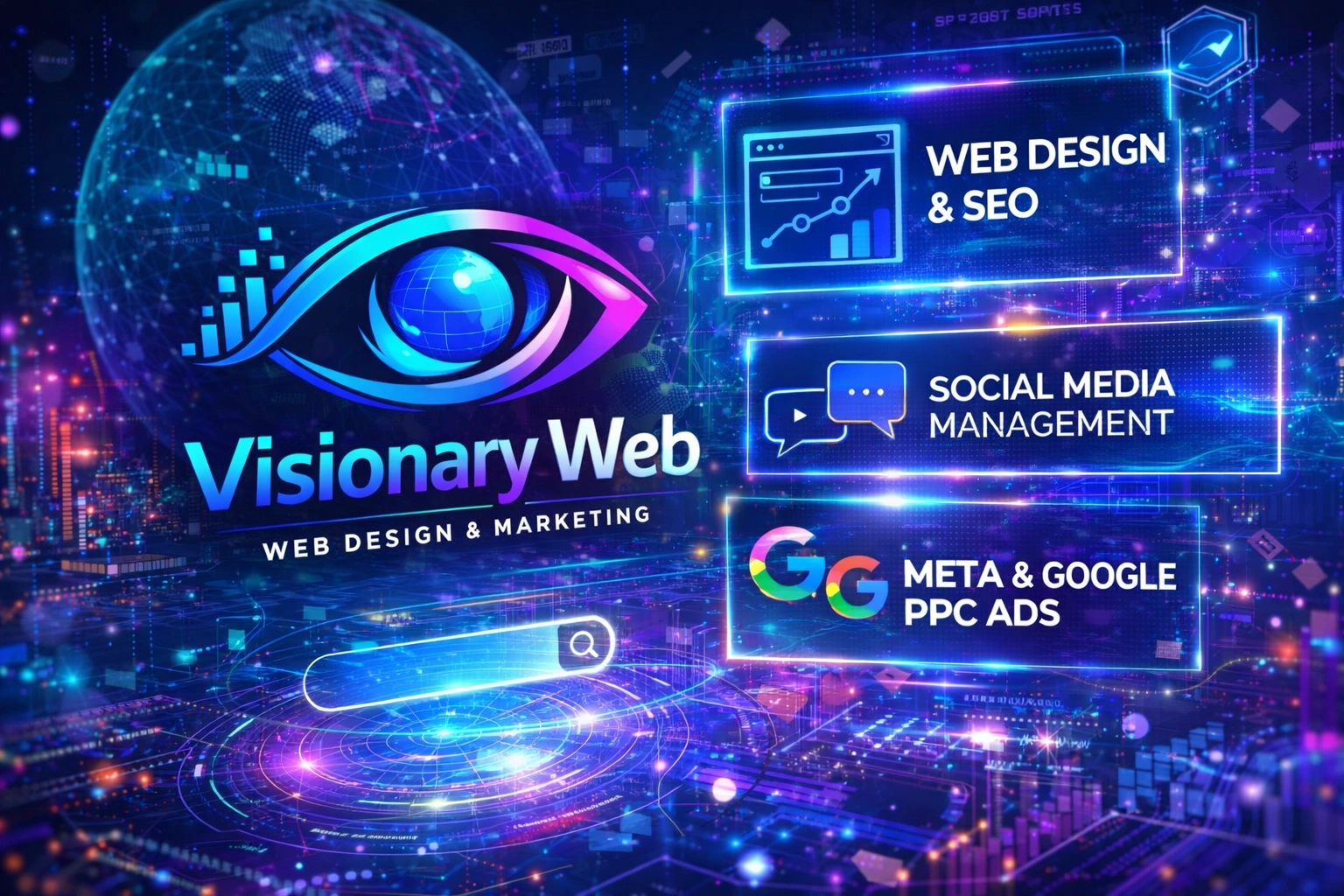Visionary Web marketing page image show casing web design, SEO, social media management and PPC services with futuristic design.