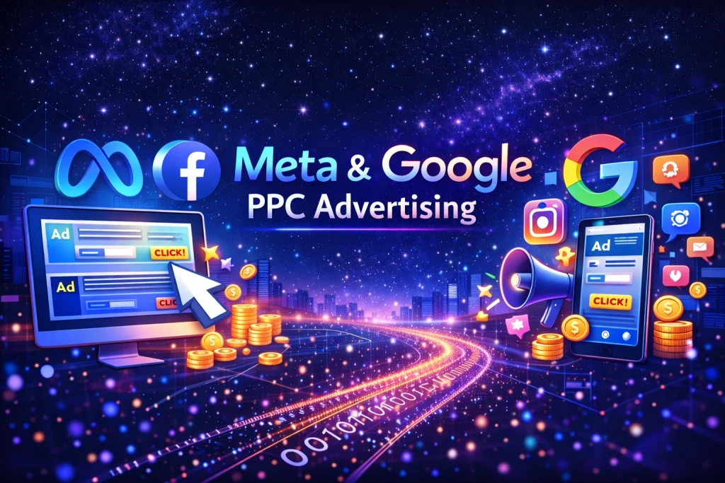 Clickable image with Meta and Google Logos leading to PPC advertising details.