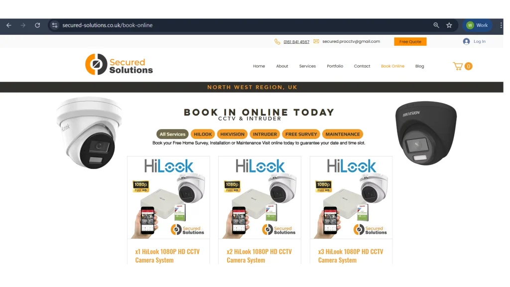 Screenshot of a clients CCTV company website with an integrated booking system.