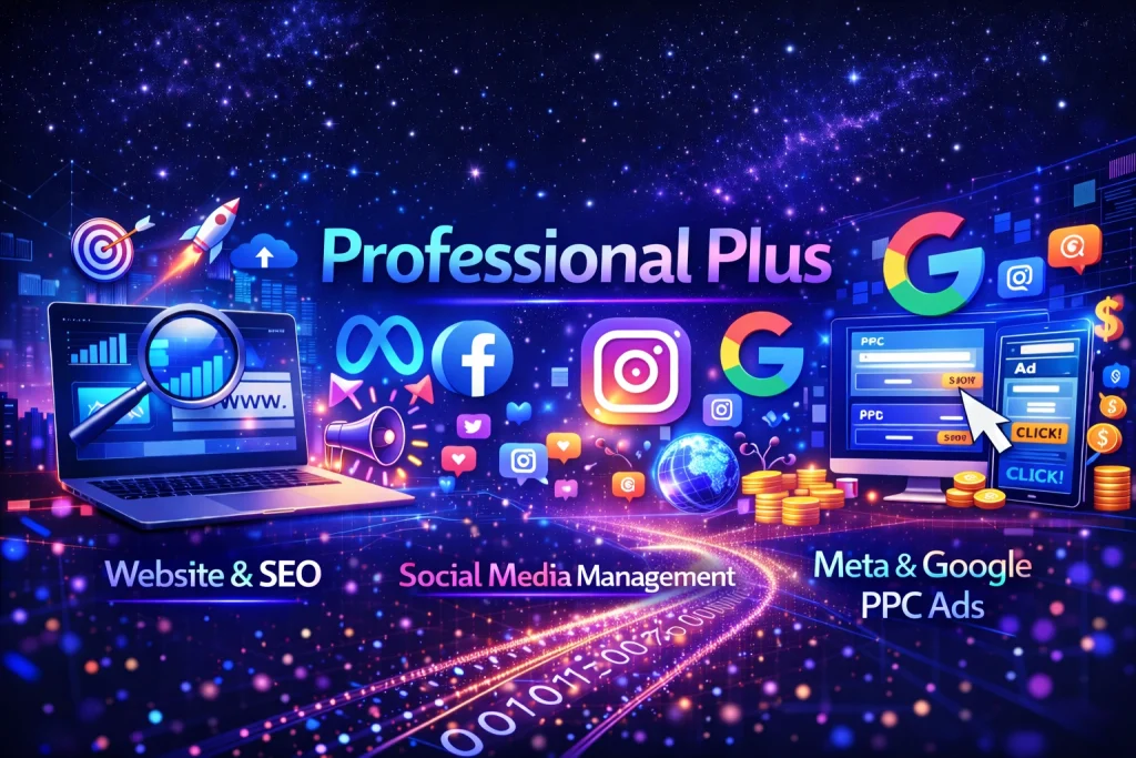 Image promoting an all inclusive digital services package covering web design, SEO, social media management and PPC ads