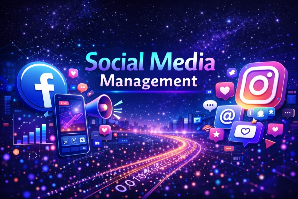 Clickable image promoting social media management services leading too more details