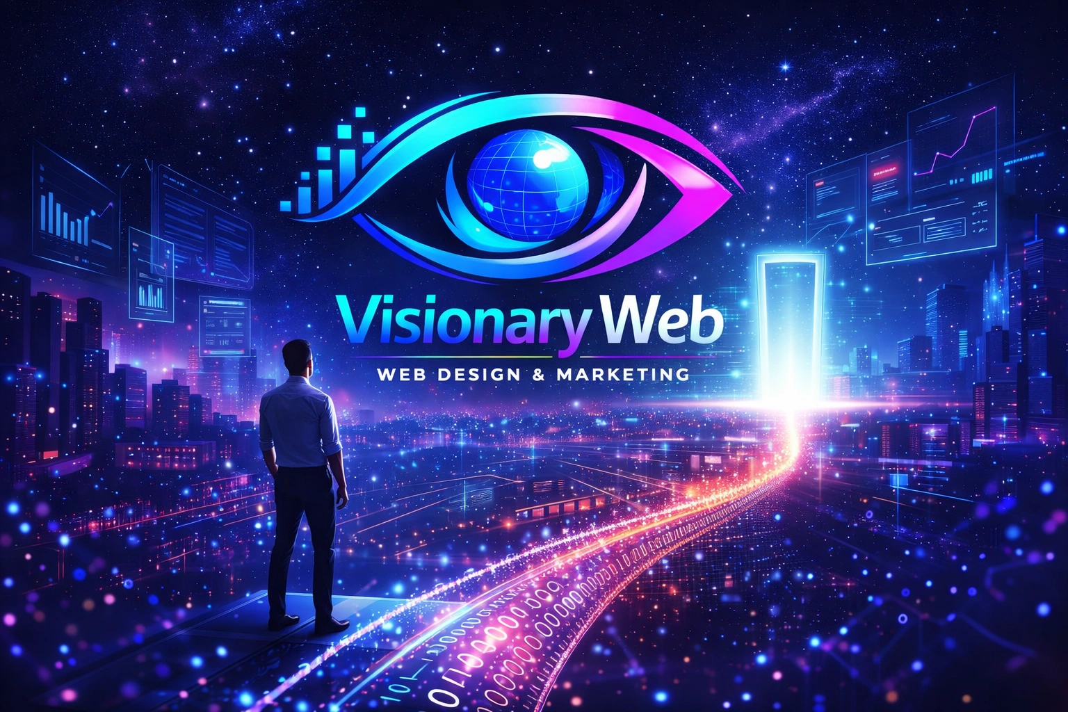 Image showing Visionary Webs logo and a person looking up towards the logo walking through a tech themed corridor towards the bright light.