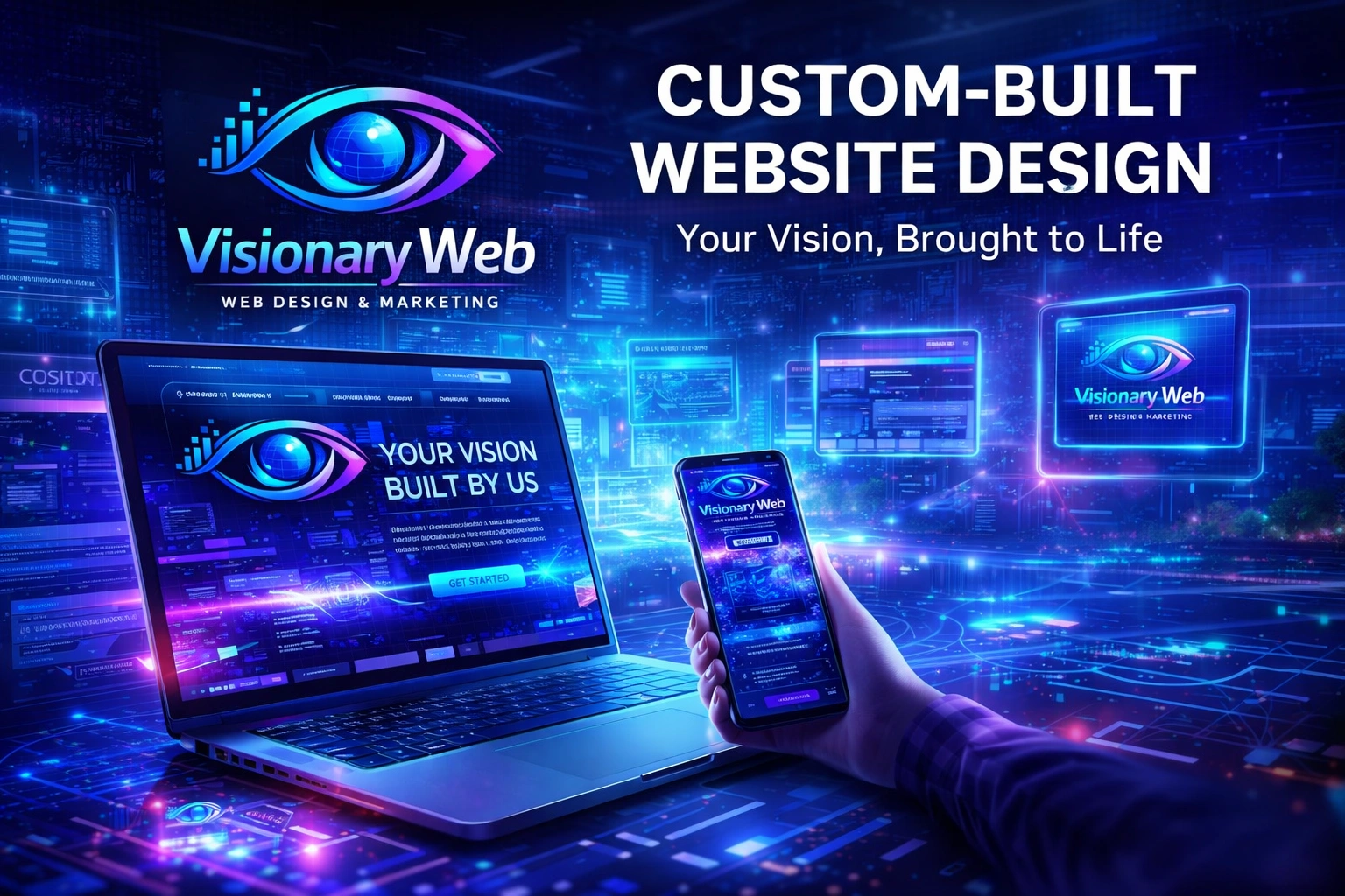 Image of a laptop and mobile phone displaying Visionary Webs custom website design featuring matching branding.
