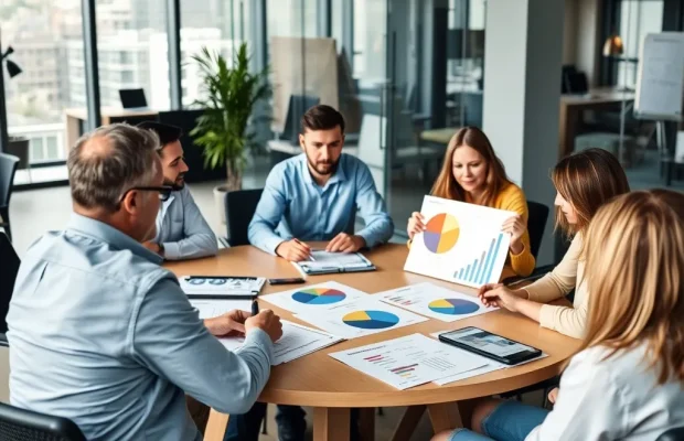 Team of professionals reviewing charts and strategies focusing on SEO and web design.